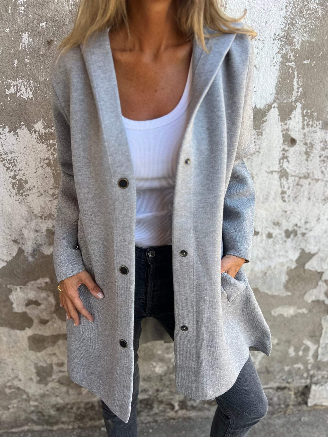 Vest met capuchon - Vrouwen Loose Fit Button-Up Lang Vest Hoodie-Hallo Susanne