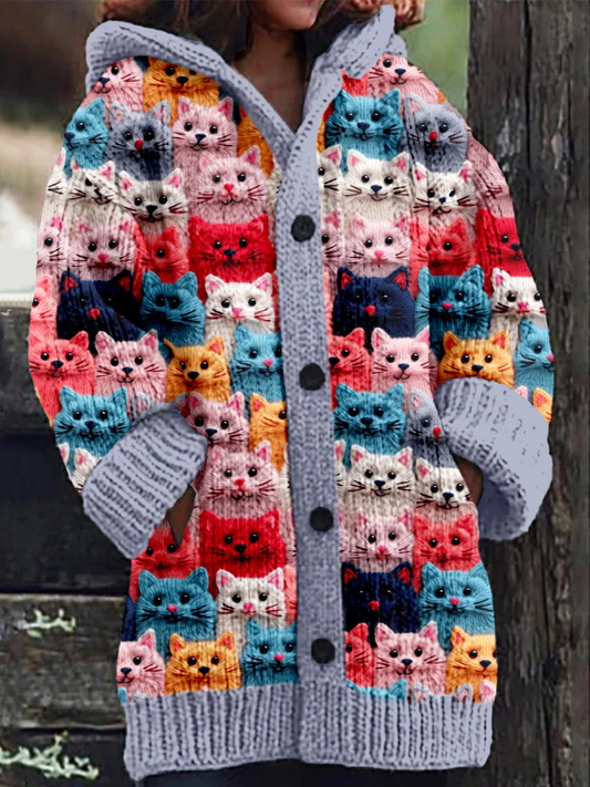 Vestjas - Warme damescardigan met lange gebreide kattenprint-Hallo Susanne