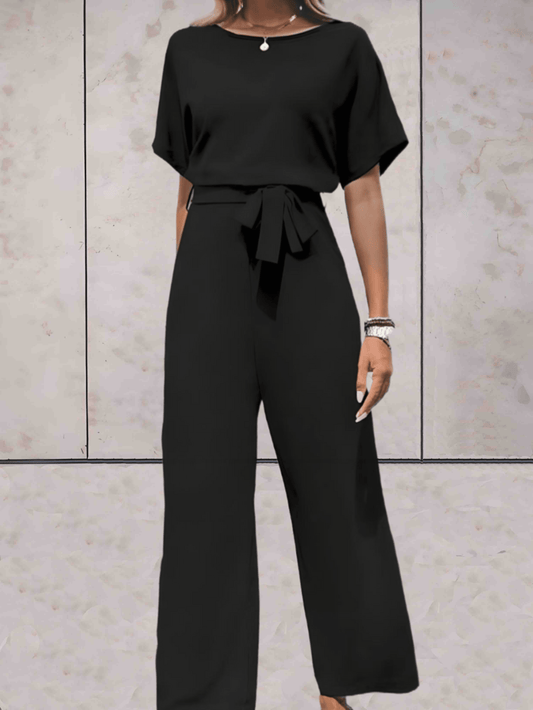 Wide Leg Jumpsuit - Elegante korte mouwen zomer jumpsuit voor dames met riem-Hallo Susanne