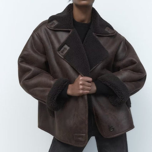Winter Leren Jas | Teddy Gevoerd | Oversized | Fleece Leren Jas | Vrouwen Leren Jas-Hallo Susanne
