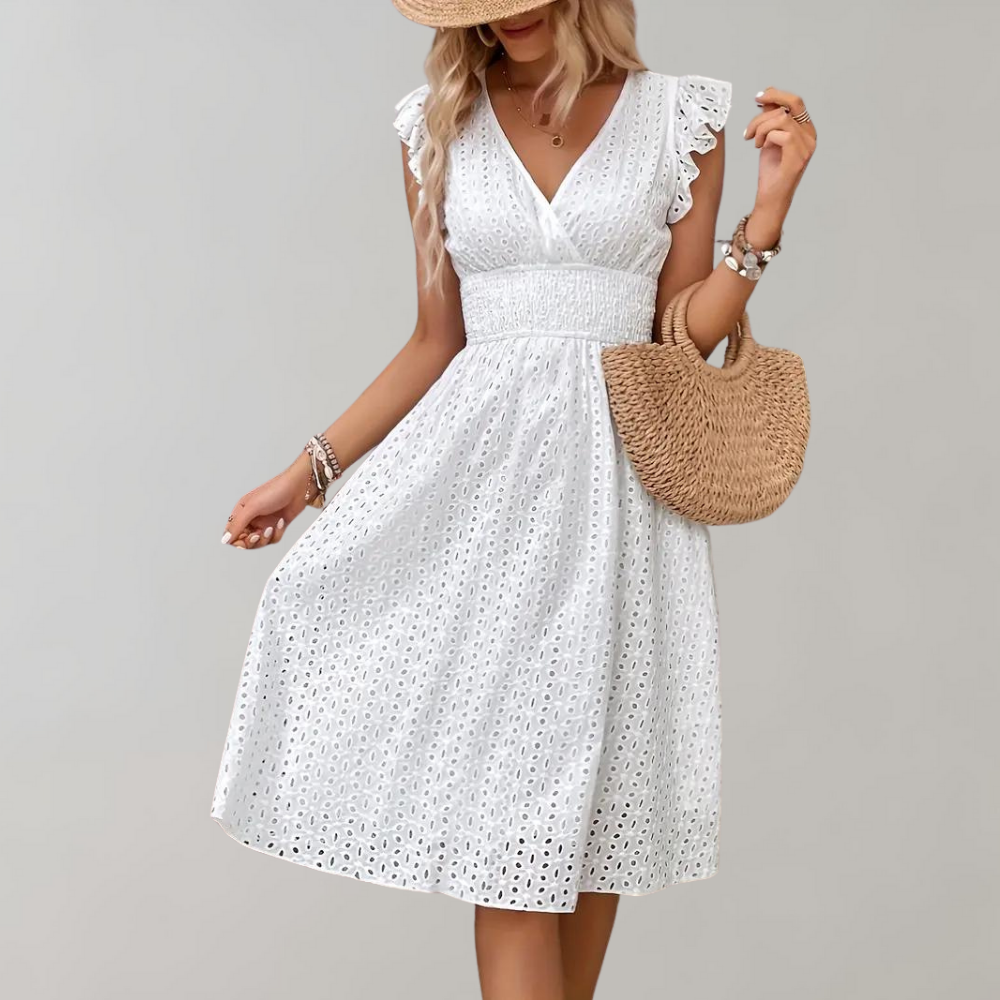 Witte Jurk - Vrouwen Eyelet V-Hals Knielange Zomerjurk-Hallo Susanne