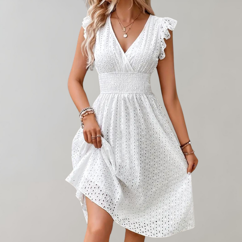 Witte Jurk - Vrouwen Eyelet V-Hals Knielange Zomerjurk-Hallo Susanne