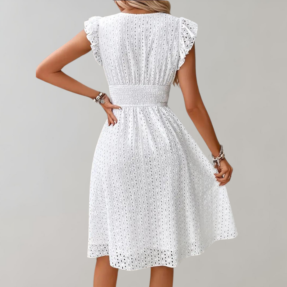 Witte Jurk - Vrouwen Eyelet V-Hals Knielange Zomerjurk-Hallo Susanne