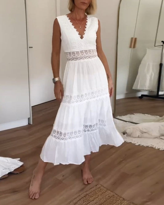Witte Kanten Jurk | V-Hals | Vloeiend | Maxi Jurk | Zomerjurk-Hallo Susanne
