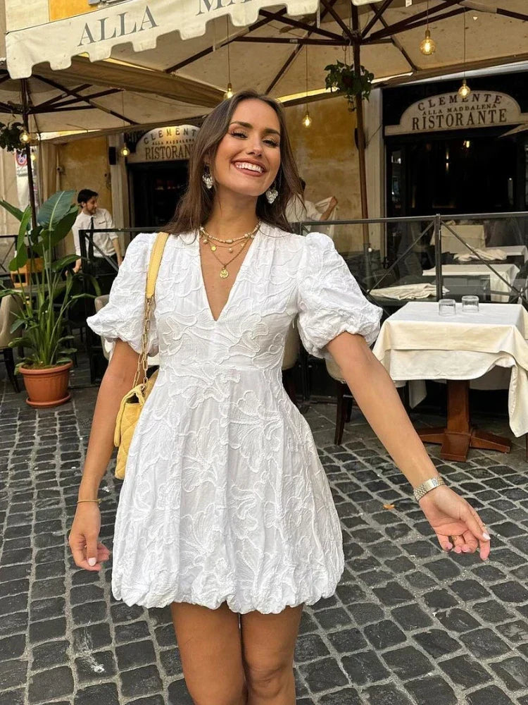 Witte jurk - Pofmouwen - V-hals - Mini-jurk - Zomerjurk-Hallo Susanne
