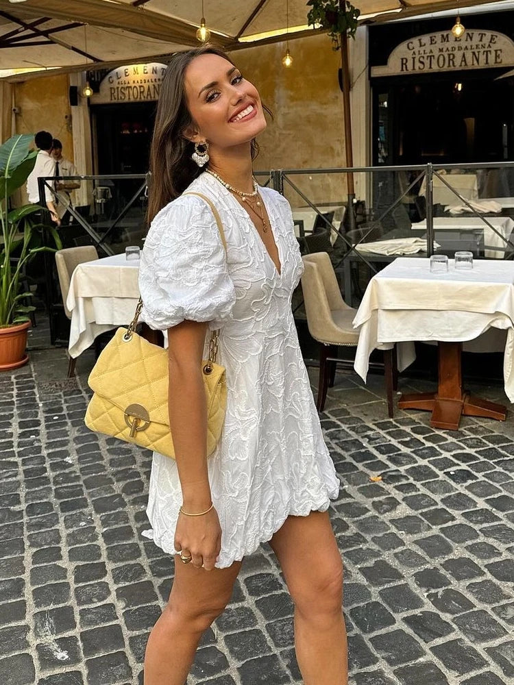 Witte jurk - Pofmouwen - V-hals - Mini-jurk - Zomerjurk-Hallo Susanne