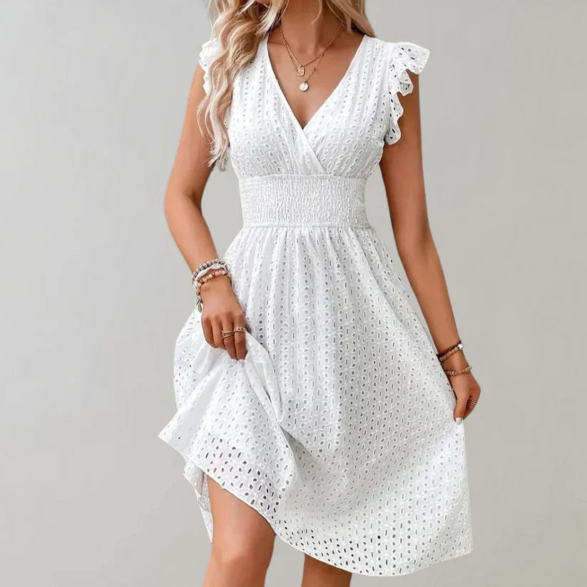 Witte jurk | V-hals | Mouwloos | Oogjesjurk | Zomerjurk-Hallo Susanne