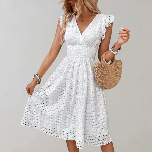 Witte jurk | V-hals | Mouwloos | Oogjesjurk | Zomerjurk-Hallo Susanne