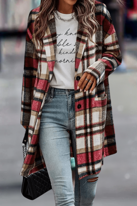 Wollen Jas - Dames halflange geruite trenchcoat met enkele knoopsluiting-Hallo Susanne