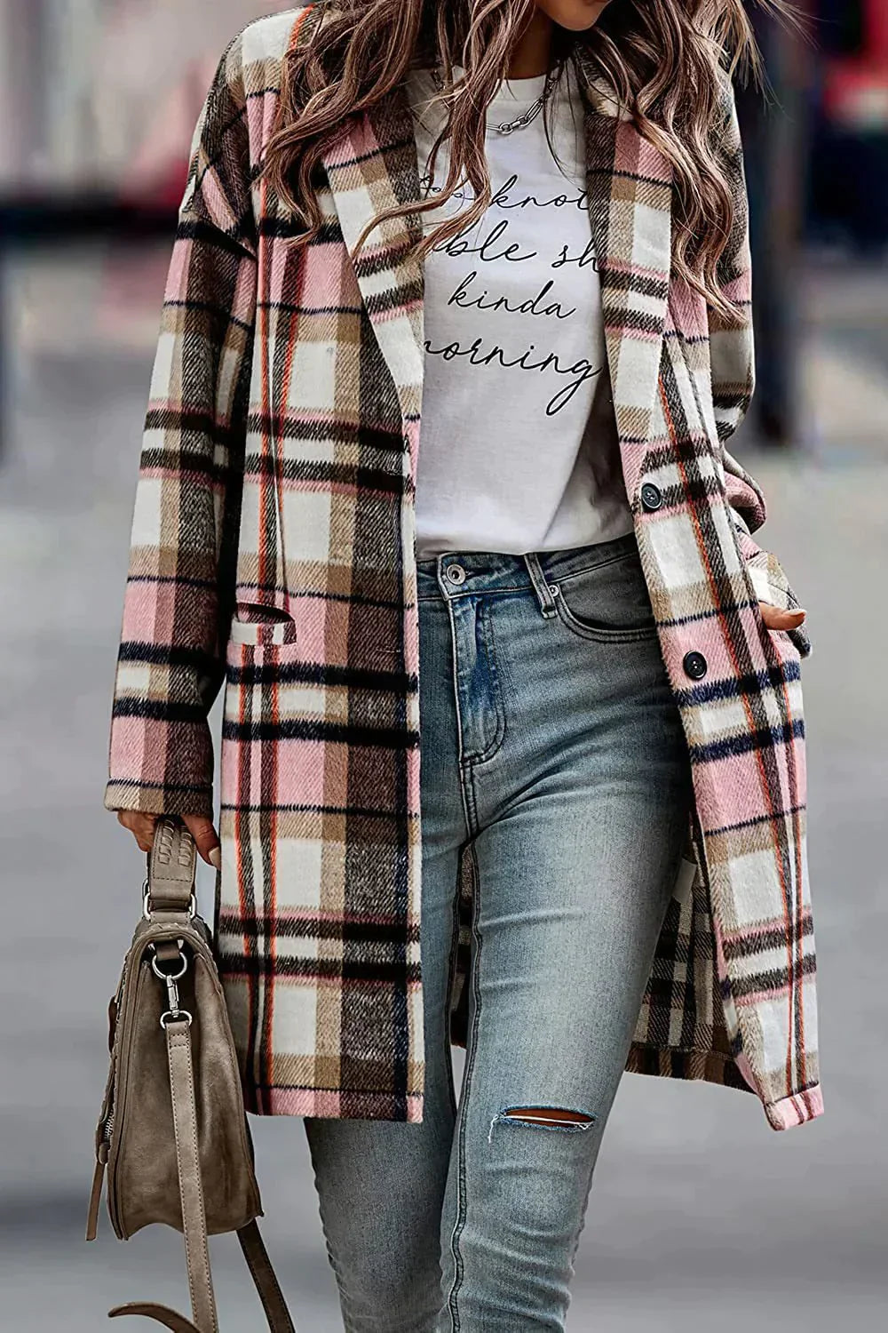 Wollen Jas - Dames halflange geruite trenchcoat met enkele knoopsluiting-Hallo Susanne