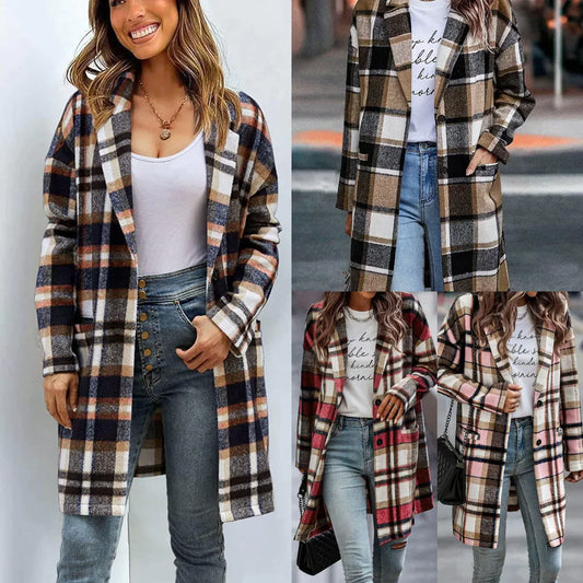 Wollen Jas - Dames halflange geruite trenchcoat met enkele knoopsluiting-Hallo Susanne