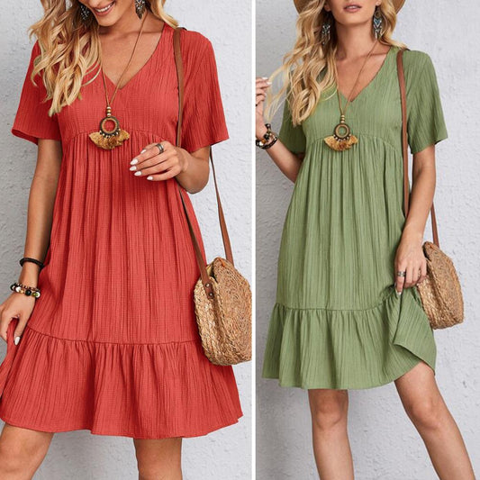 Zomerjurk | Korte Mouw | Los Fit | Geplooide Jurk | Knielengte Jurk-Hallo Susanne