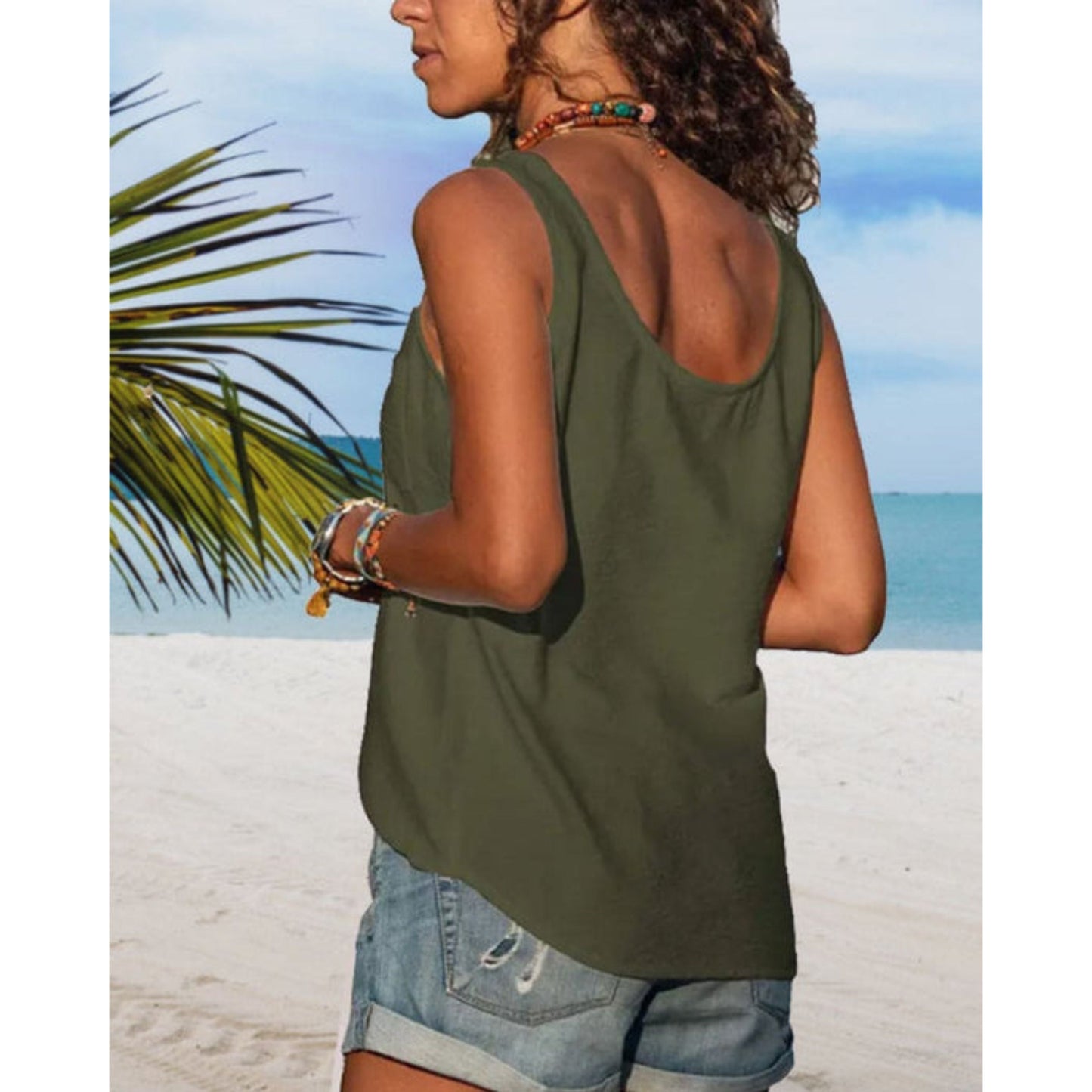 Zomertop | Losse pasvorm | Knoopsluiting aan de voorkant | Mouwloze top | Damestop-Hallo Susanne