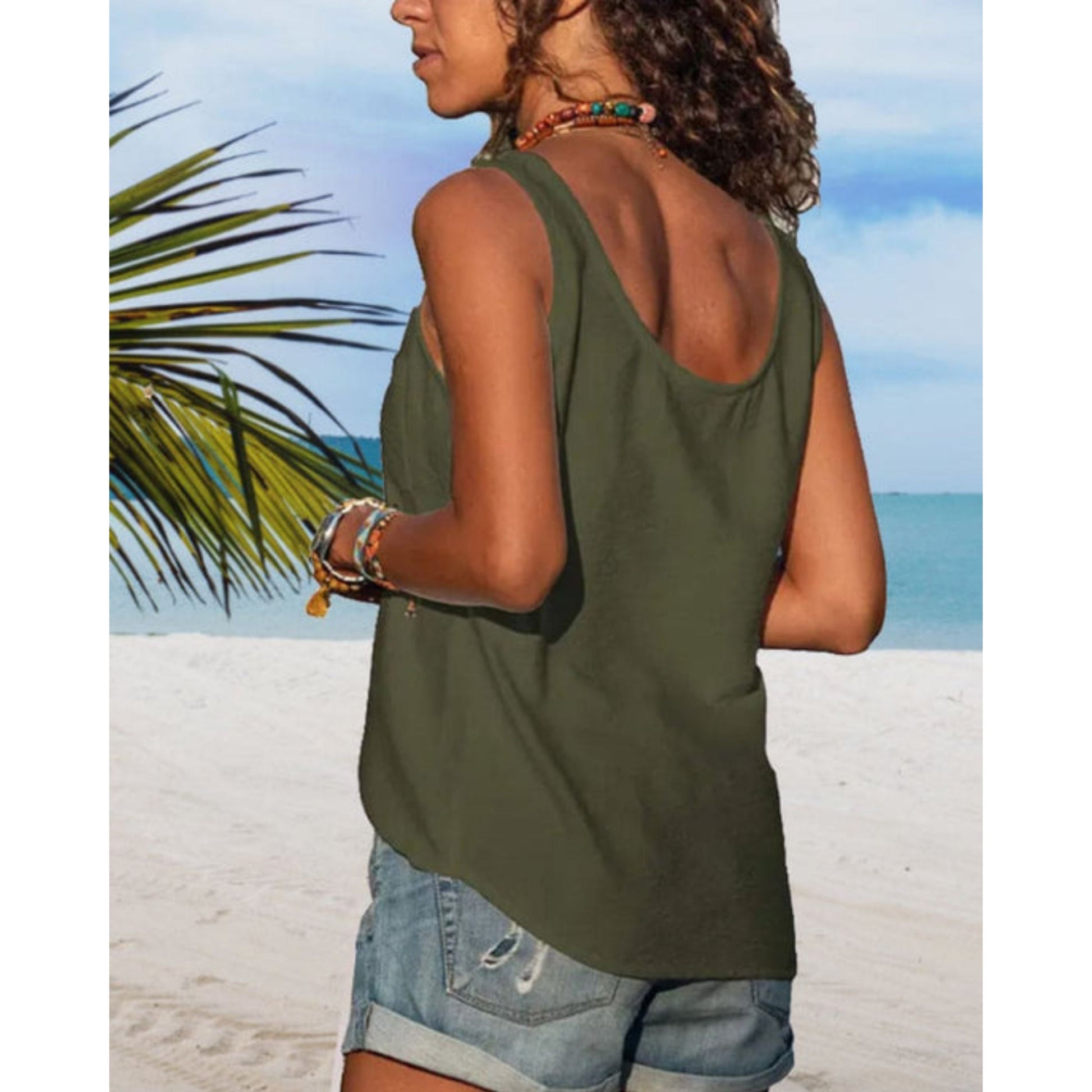 Zomertop | Losse pasvorm | Knoopsluiting aan de voorkant | Mouwloze top | Damestop-Hallo Susanne