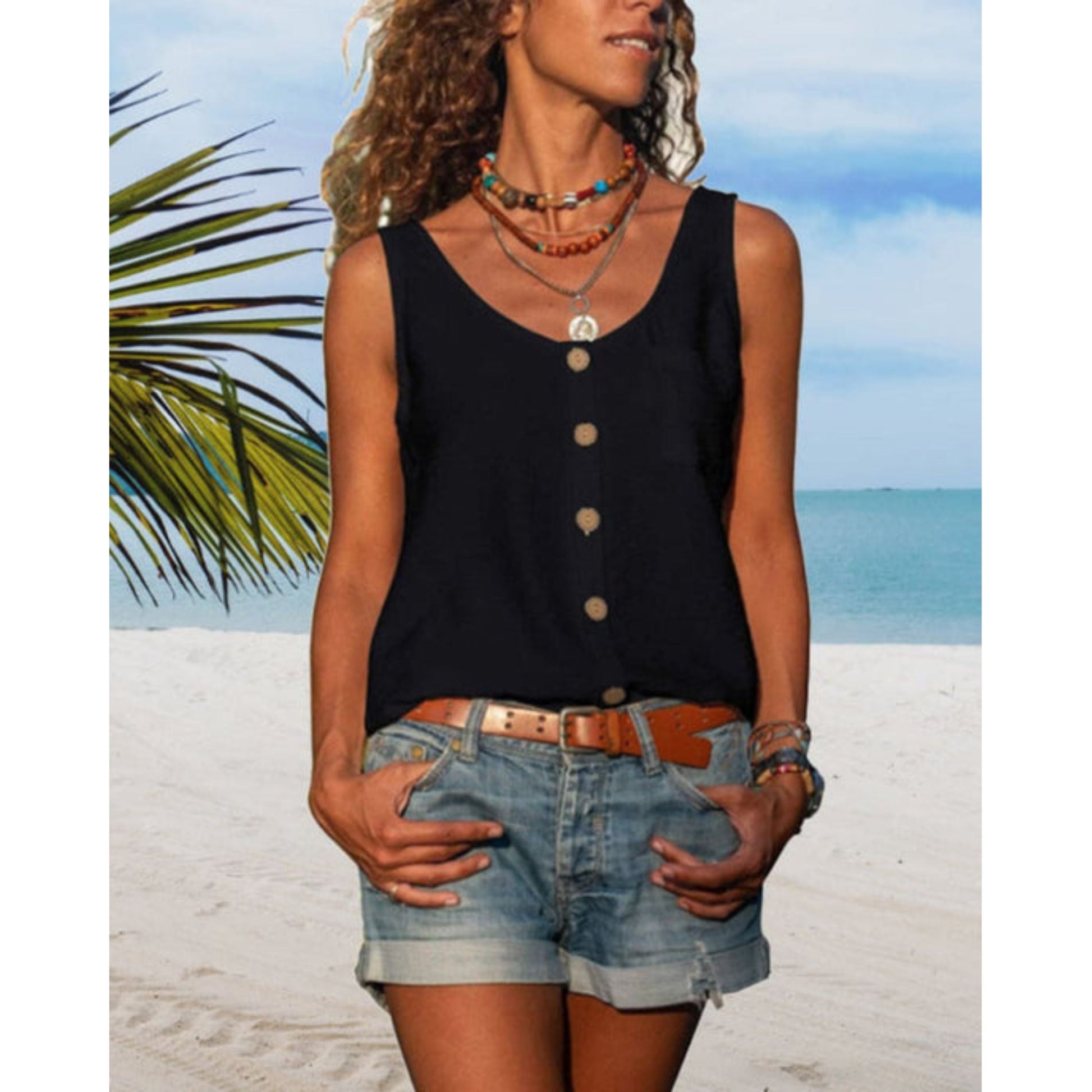 Zomertop | Losse pasvorm | Knoopsluiting aan de voorkant | Mouwloze top | Damestop-Hallo Susanne