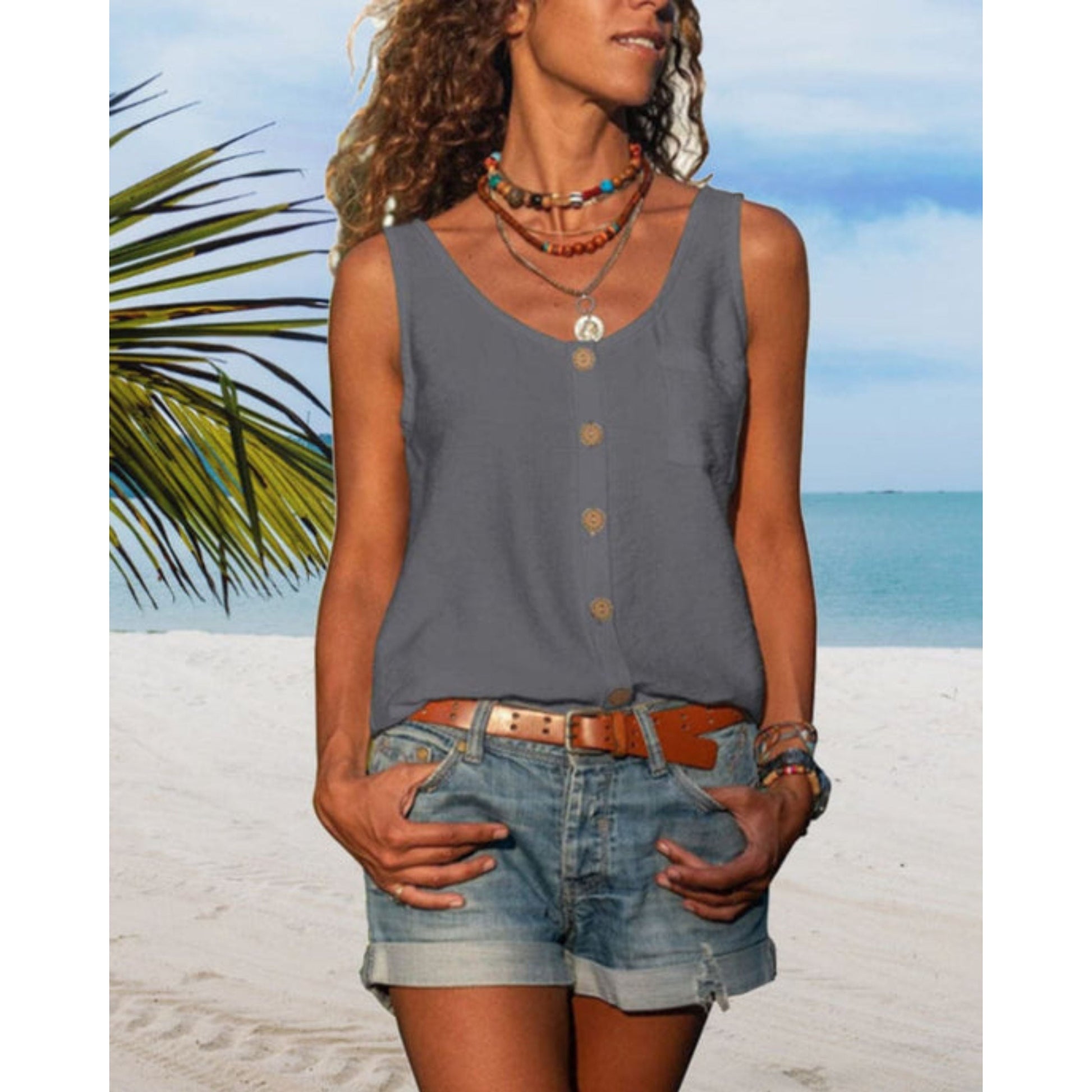 Zomertop | Losse pasvorm | Knoopsluiting aan de voorkant | Mouwloze top | Damestop-Hallo Susanne