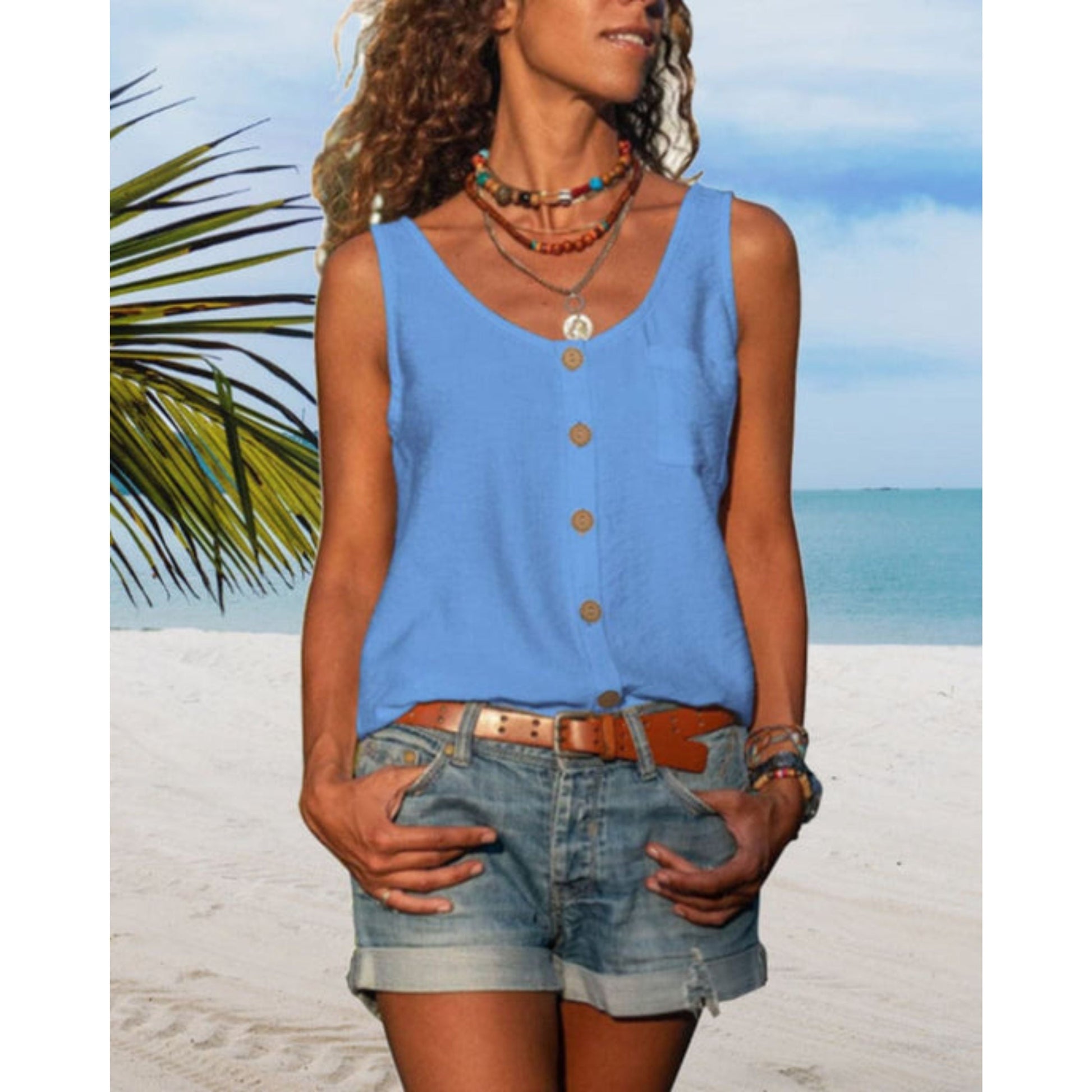 Zomertop | Losse pasvorm | Knoopsluiting aan de voorkant | Mouwloze top | Damestop-Hallo Susanne