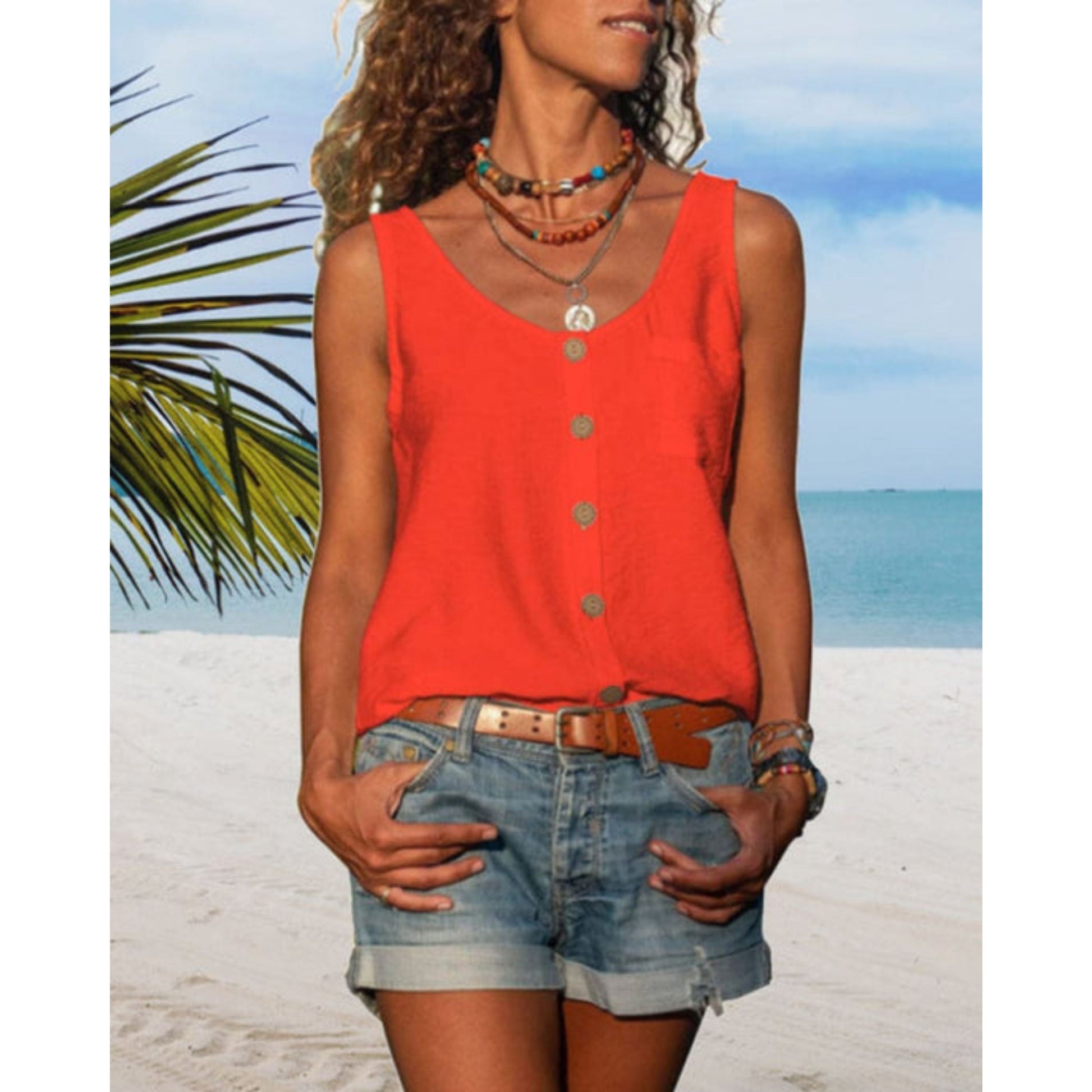 Zomertop | Losse pasvorm | Knoopsluiting aan de voorkant | Mouwloze top | Damestop-Hallo Susanne
