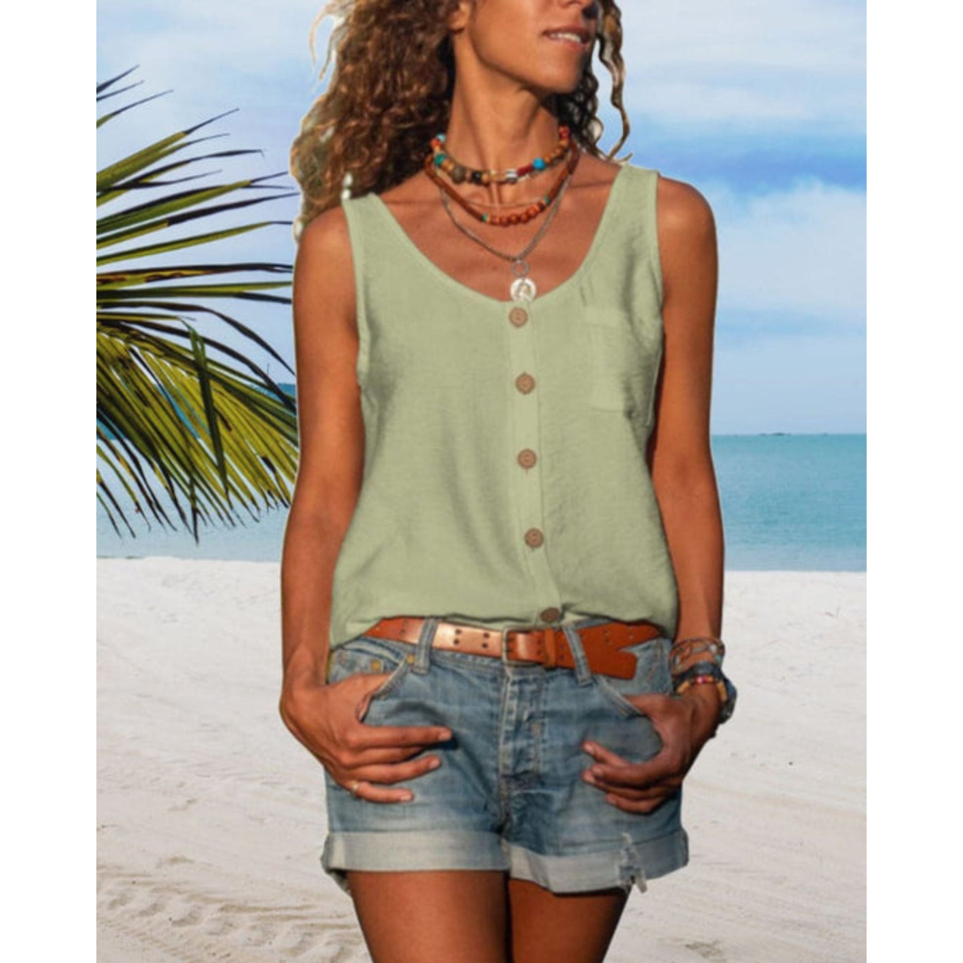 Zomertop | Losse pasvorm | Knoopsluiting aan de voorkant | Mouwloze top | Damestop-Hallo Susanne