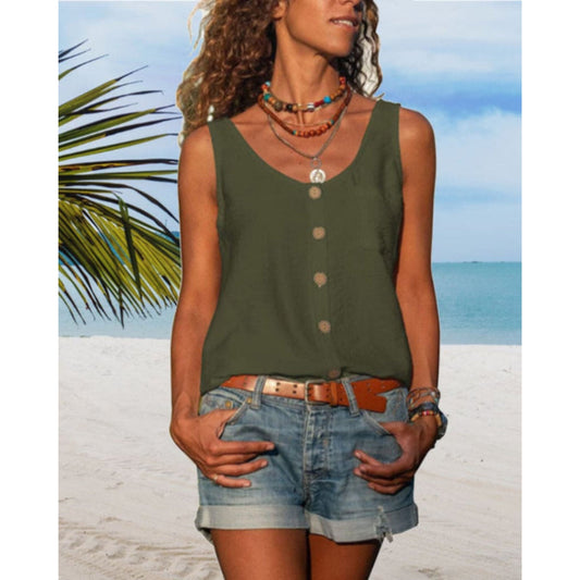 Zomertop | Losse pasvorm | Knoopsluiting aan de voorkant | Mouwloze top | Damestop-Hallo Susanne